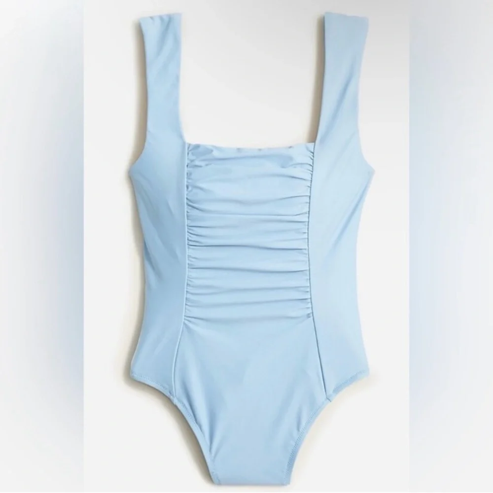 NWT J.Crew Blue Mist Baby Blue Square Neck Ruched One Piece Swimsuit Sz 24
